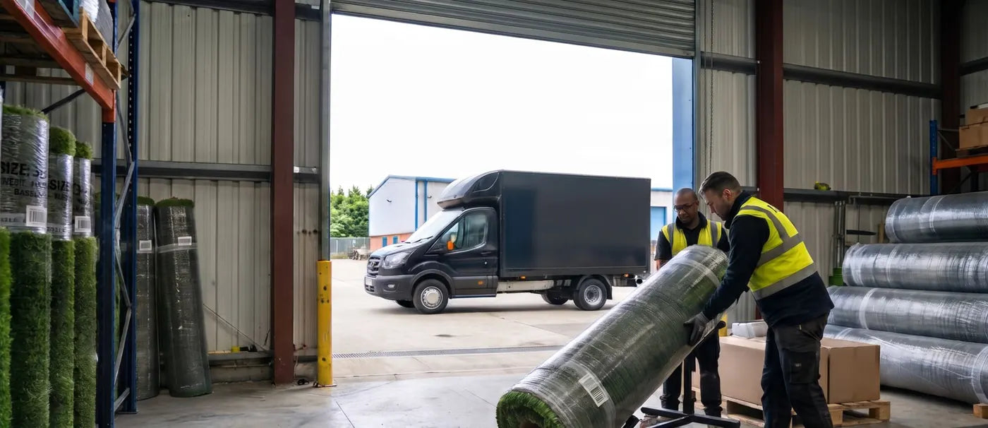 yumiHome staff loading a roll of artificial grass into a van at the warehouse