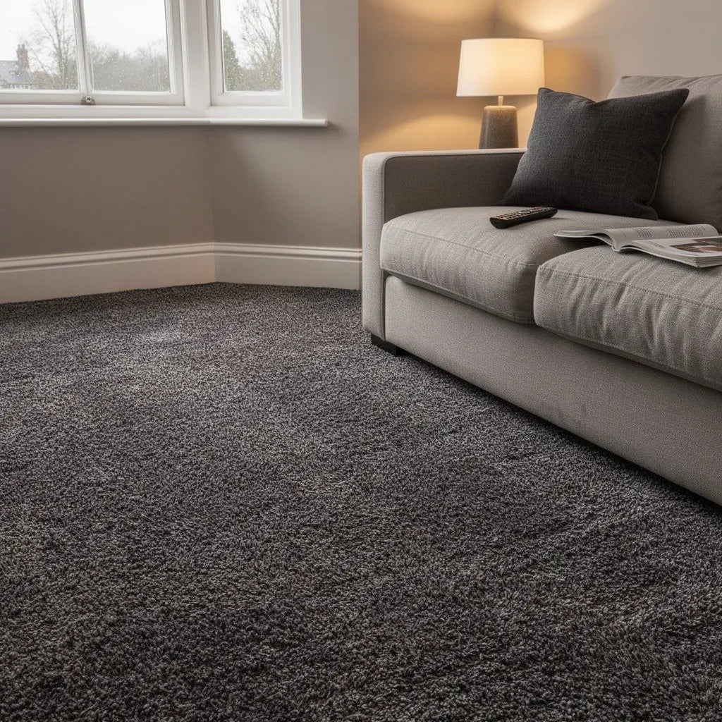 Dark grey twist pile carpet in a living room with a grey sofa and bay window