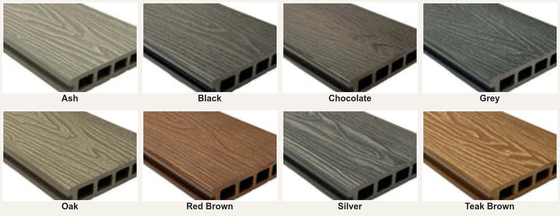 The eight composite decking finishes side by side: ash, black, chocolate, grey, oak, red brown, silver and teak brown
