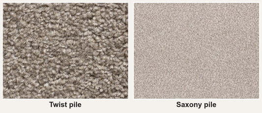 Twist pile and Saxony pile carpet side by side, showing the difference in surface texture