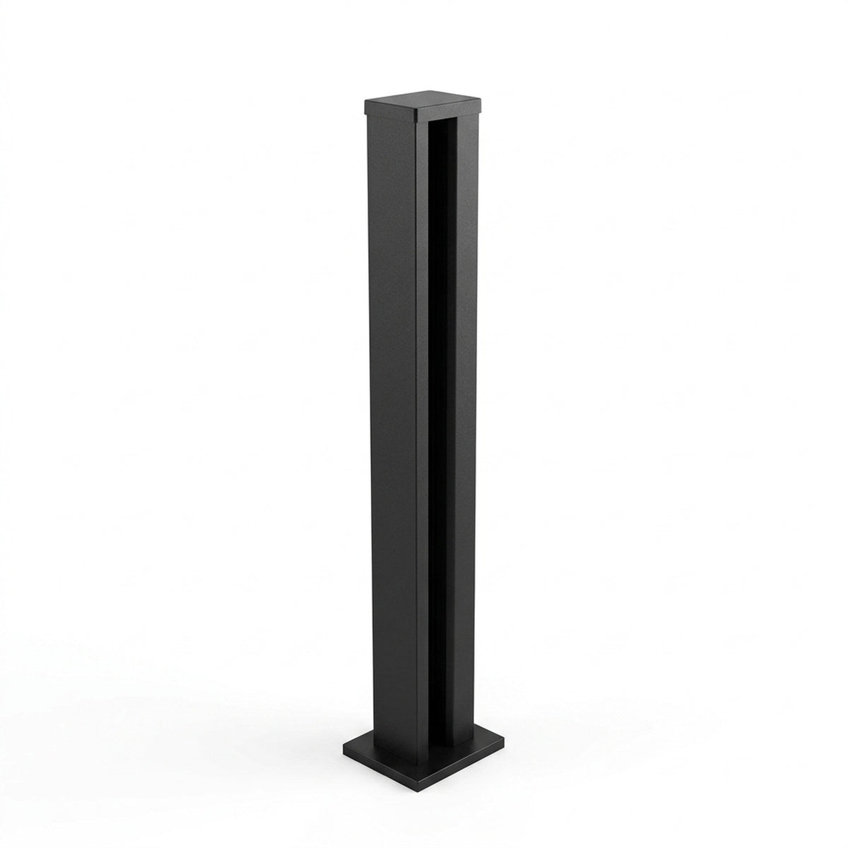 Black aluminium fence post with top cap and base plate