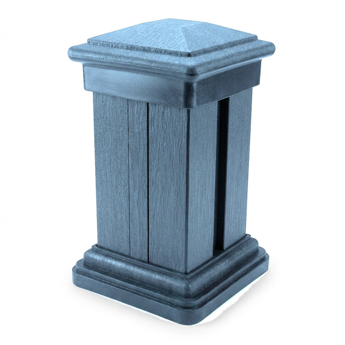 Grey composite fence post with top cap and bottom cap